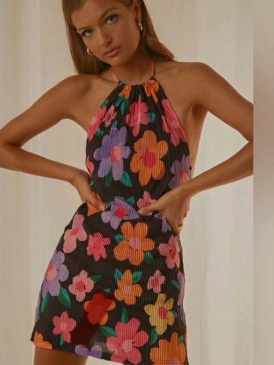 Peppermayo Dresses & Skirts - Peppermayo Black Floral Halter Dress with Pink, Orange, Purple, & Yellow Flowers